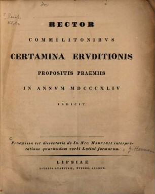 Rector commilitonibus certamina eruditionis propositis praemiis in annum ... indicit, 1844
