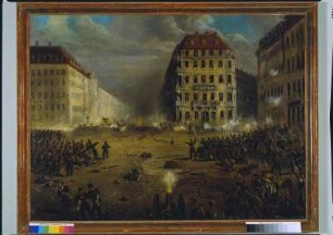 Sächsische und preußische Truppen beim Angriff auf die Barrikaden auf dem Dresdner Neumarkt 1849. Ölgemälde, unbekannter Künstler; 70 x 93 cm. Stadtmuseum Dresden 1978/K 439