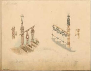 Treppenpfosten mit Kandelaber Monatskonkurrenz Januar 1868: 2 Varianten: perspektivische Ansicht, Ansicht; Maßstabsleiste