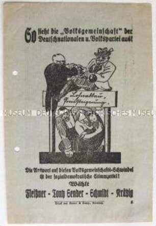 Illustriertes Propagandaflugblatt der SPD mit einer Karikatur auf die Politik der DNVP und der DVP