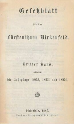 3.1862/64: Gesetzblatt für das Fürstenthum Birkenfeld