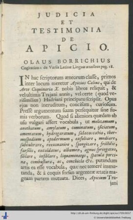 Judicia Et Testimonia De Apicio. Olaus Borrichius.