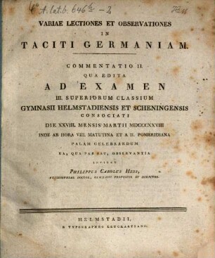 Variae lectiones et observationes in Taciti Germaniam : Commentatio. 2