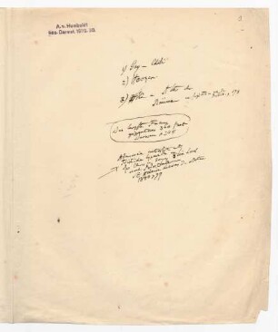 Umschlag mit der Aufschrift von Humboldts Hand "1) Gay - Chili. 2) Hooker. 3) Höhe und Alter der Bäume" nebst weiterer Notizen.