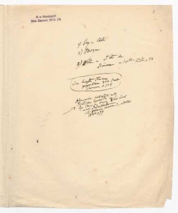 Umschlag mit der Aufschrift von Humboldts Hand &quot;1) Gay - Chili. 2) Hooker. 3) Höhe und Alter der Bäume&quot; nebst weiterer Notizen.