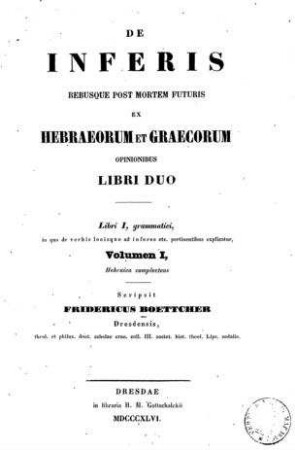 De inferis rebusque post mortem futuris ex Hebraecorum et Graecorum opinionibus libri duo / scripsit Fridericus Boettcher
