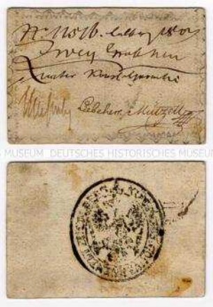 Papiergeld der Belagerung von Kolberg 1807: "Meinecke- Kupon" über 2 Groschen