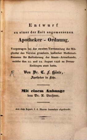 Entwurf zu einer der Zeit angemessenen Apotheker-Ordnung