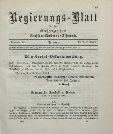 45. Ministerial-Bekanntmachung, betreffend das Statut der Sparkasse zu Weimar