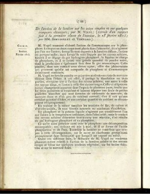 De l'action de la lumière sur les corps simples et sur quelques composés chimiques (extrait d'un rapport fait à la première classe de l'institut, le 13 février 1815; par MM. Berthollet et Thénard)