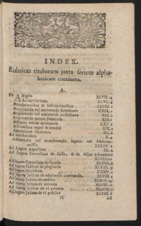Index. Rubricas titulorum iuxta seriem alphabeticam continens.