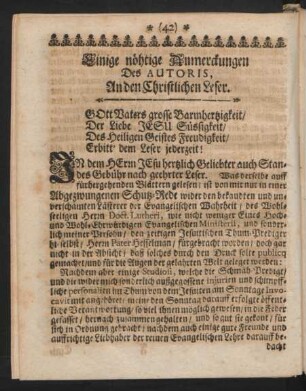 Einige nöthige Anmerckungen Des Autoris, An den Christlichen Leser