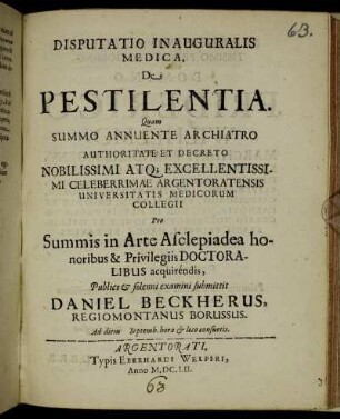 Disputatio Inauguralis Medica. De Pestilentia