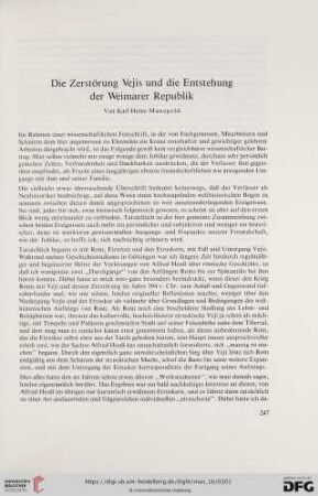 Die Zerstörung Vejis und die Entstehung der Weimarer Republik