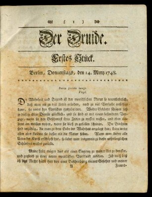Erstes Stück. Berlin, Donnerstags, den 14. Mertz 1748