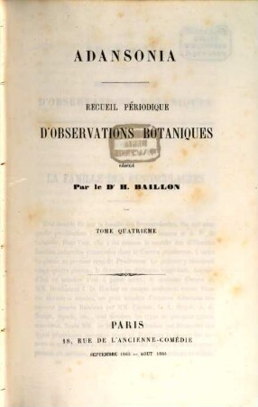 Adansonia : recueil périodique d'observations botaniques. 4. 1863/64, Sept. - Aug.