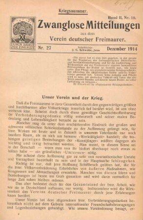 Nr. 27 Dezember 1914 Kriegsnummer. Band II, Nr. 10.