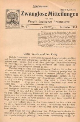 Nr. 27 Dezember 1914 Kriegsnummer. Band II, Nr. 10.