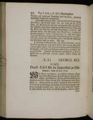 N. XCII. Duell-Edict für die Universität zu Göttingen, vom 18. Jul. 1735.