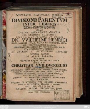 Dissertatio Inavgvralis Jvridica De Divisione Parentvm Inter Liberos