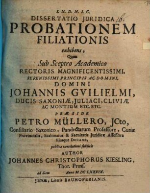 Diss. iur. probationem filiationis exhibens