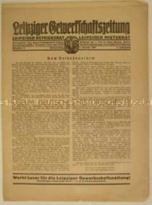 Mitteilungsblatt "Leipziger Gewerkschaftszeitung" u.a. zur Erwerbslosenfürsorge und über Betriebskrankenkassen