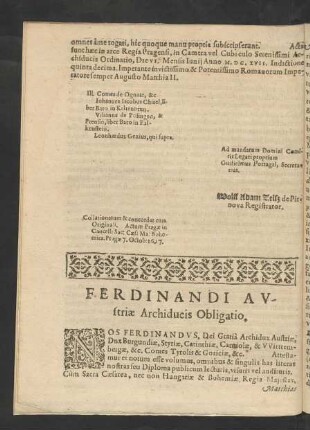Ferdinandi Austriae Archiducis Obligatio.