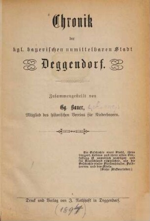 Chronik der kgl. bayerischen unmittelbaren Stadt Deggendorf