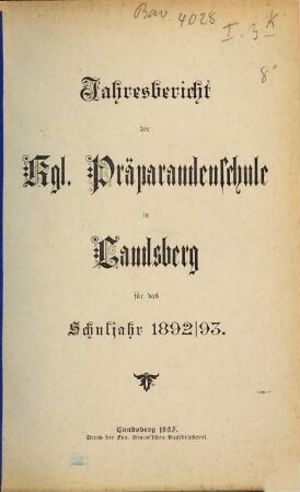 Jahresbericht der Präparandenschule Landsberg a. Lech. 1892/93