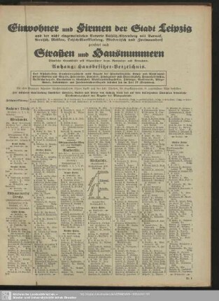 Häuserbuch : Einwohner und Firmen der Stadt Leipzig und der nicht eingemeindeten Vororte Böhlitz-Ehrenberg mit Barneck, Gautzsch, Mölkau, Oetzsch,Markkleeberg, Wiederitzsch und Zweinaundorf geordnet nach Straßen und Hausnummern