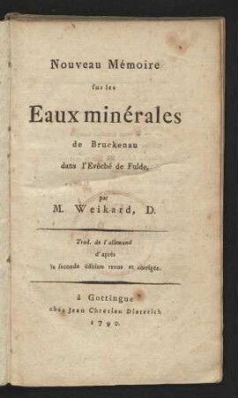 Nouveau Mémoire sur les Eaux minérales de Bruckenau dans l'Evêché de Fulde
