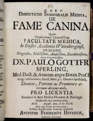 Dissertatio Inauguralis Medica, De Fame Canina