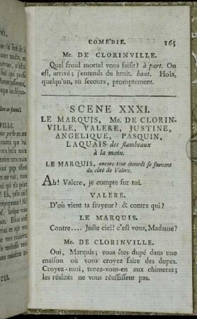 Scene XXXI. Le Marquis, Me. De Clorinville, Valere, Justine, Angelique, Pasquin, La Quais des flambeaux à la main