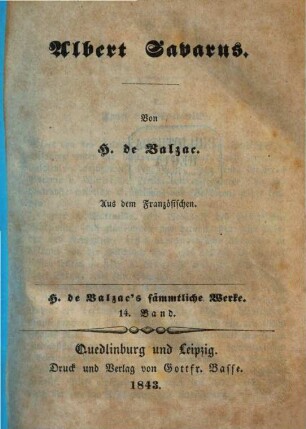 H. de Balzac's sämmtliche Werke, 14. Albert Savarus