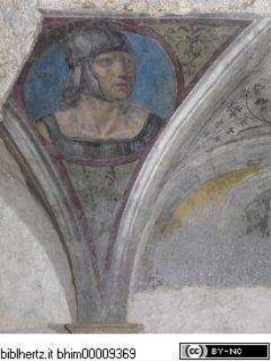 Persönlichkeiten aus der römischen Geschichte, Büsten anonymer Persönlichkeiten, von Grotesken umrahmt, Junger Soldat mit Helm im Dreiviertelprofil nach rechts; Grotesken auf grünem Grund