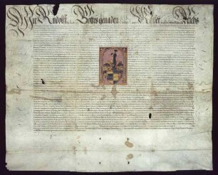 Adelsbrief für Johann Hildebrand Mecker von Balgheim, seinen Bruder Johann Gaudenz u. seine Vettern Johann, Johann Ulrich u. Johann Konrad Mecker