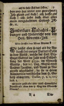 Sonderbare Andachts-Ubungen und Unterricht von der Heil. Advents-Zeit.
