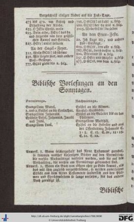 Biblische Vorlesungen an Sonntagen; biblische Vorlesungen an Festen und ähnlichen Tagen.