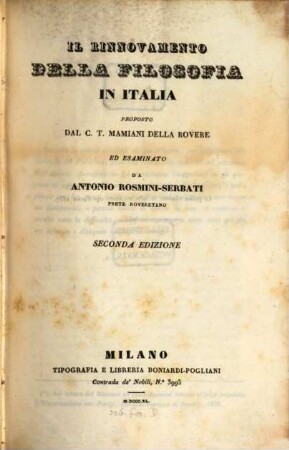 Il rinnovamento della filosofia in Italia, proposto dal C. T. Mameani della Rovere