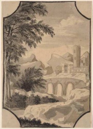 Landschaft mit hoher Bogenbrücke