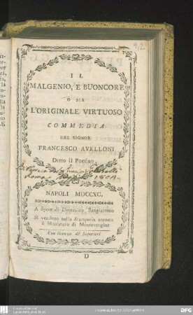 Il malgenio, e buoncore o sia l'originale virtuoso