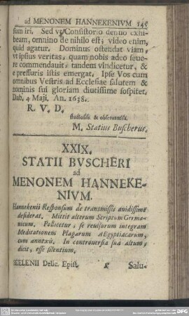 XXIX. Statii Buscheri ad Menonem Hannekenium