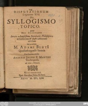 Disputationum Logicarum XVI. De Syllogismo Topico