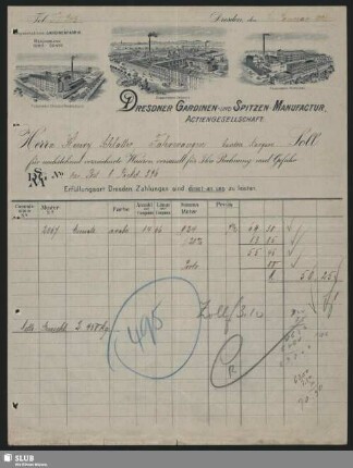 Dresdner Gardinen- und Spitzen-Manufactur, Actiengesellschaft, Dresden : Rechnung