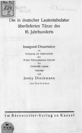 Die in deutscher Lautentabulatur überlieferten Tänze des 16. Jahrhunderts