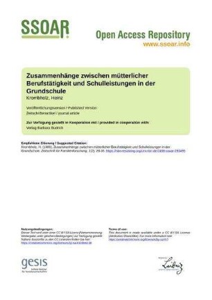 Zusammenhänge zwischen mütterlicher Berufstätigkeit und Schulleistungen in der Grundschule