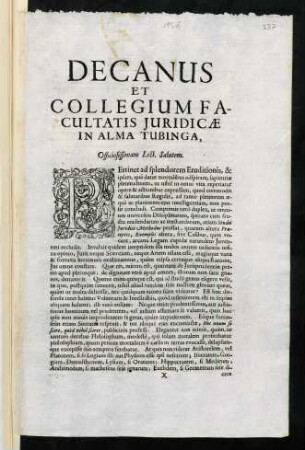 Decanus Et Collegium Facultatis Juridicae In Alma Tubinga, Officiosissimam Lect. Salutem