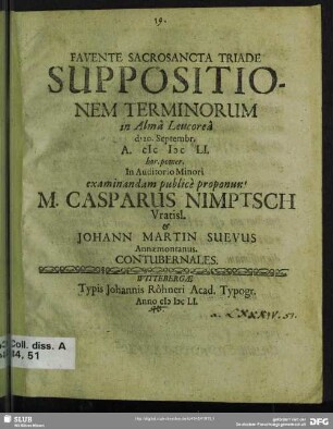 Suppositionem Terminorum : in Alma Leucorea d. 20 Septembr. A MDCLI