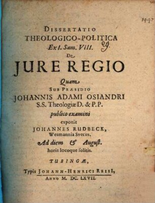 Dissertatio theologico-politica ex 1. Sam. VIII. de iure regio