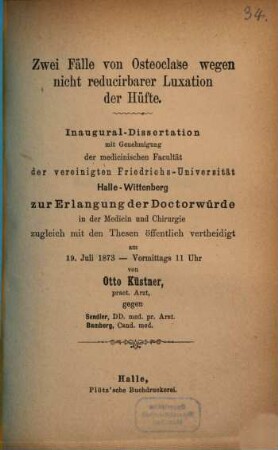 Zwei Fälle von Osteoclase wegen nicht reducirbarer Luxation der Hüfte : Inaugural-Dissertation